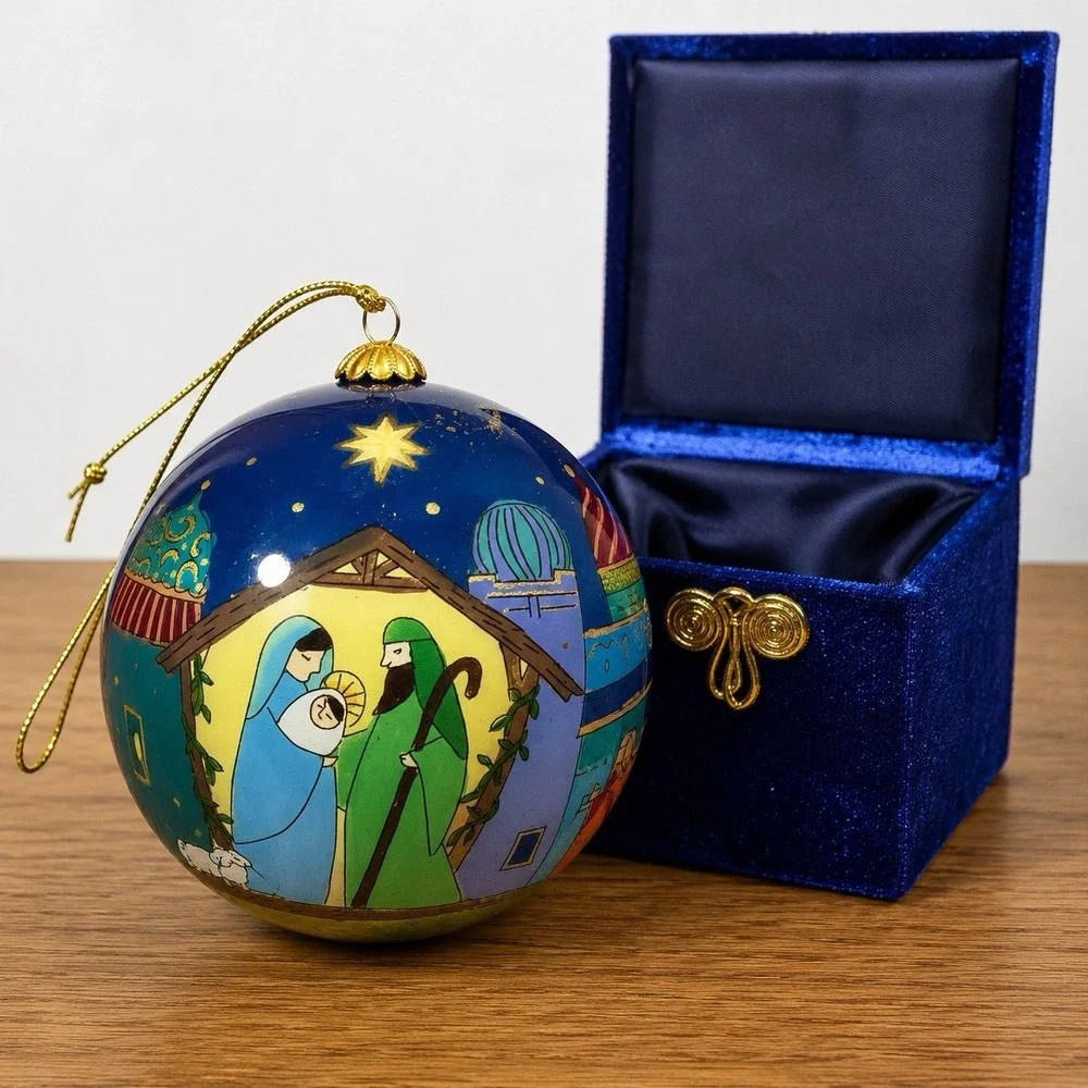 Li Bien Glass Nativity Ornament Hand Painted Reverse Art Blue Velvet Box
